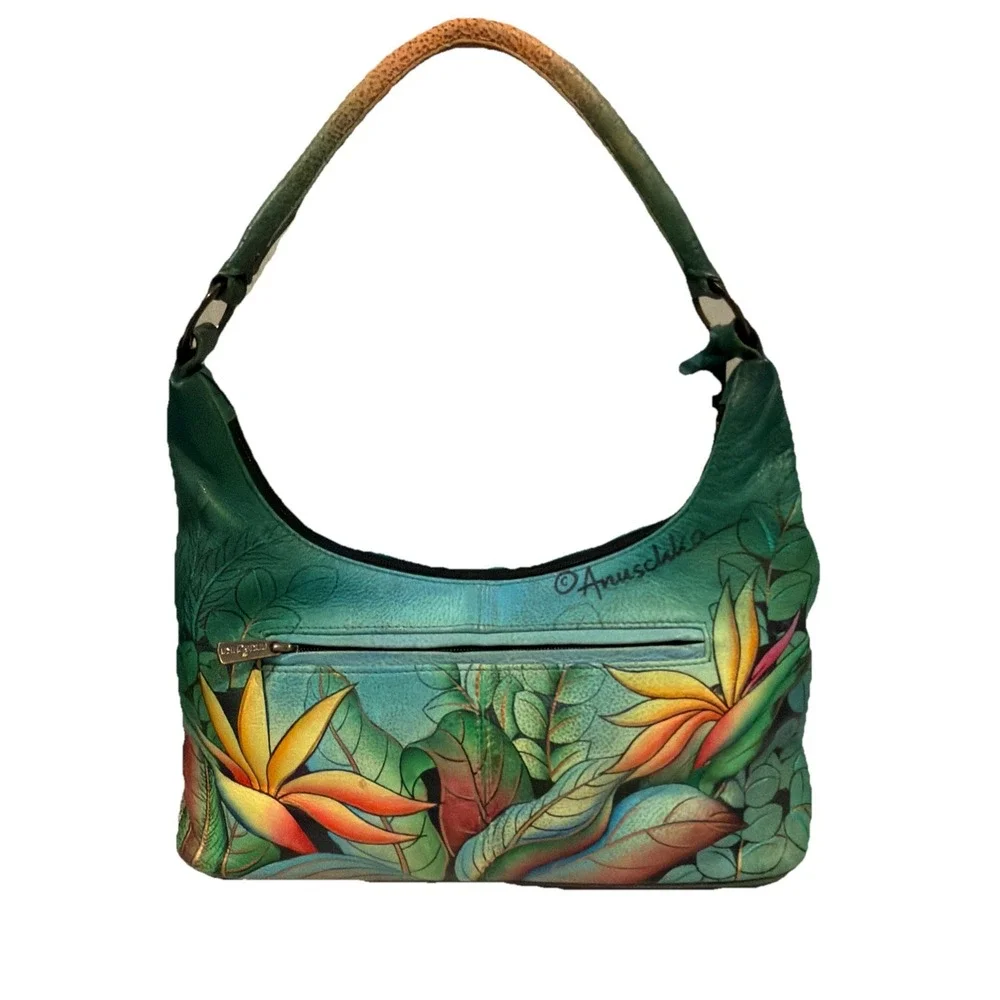 Anuschka Leather Hobo Tropical Bliss‎ Hand Painted Purse Brass Hardware Birds